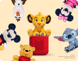 Collection of Disney Cuddle Tonies, including Mickey, Olaf, Simba, and Winnie the Pooh, around a red Toniebox 2 on a beige background.