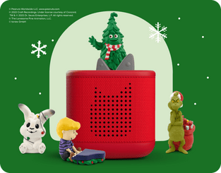 holiday tonies on a red toniebox 2 with snowflake background