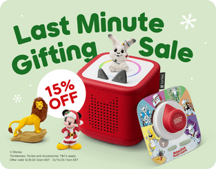 Tonies and a Tonieplay game around a red Toniebox 2 with the text "last minute gifting sale 15% off"