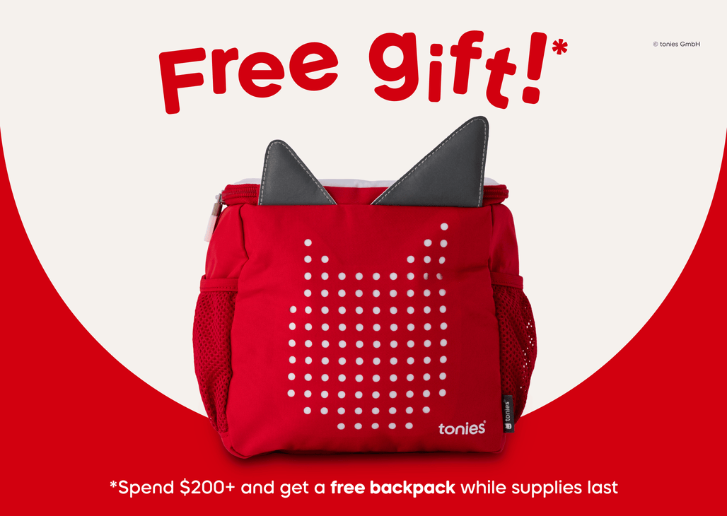 tonies red backpack with text "free gift spend over $200 and get a free backpack while supplies last"