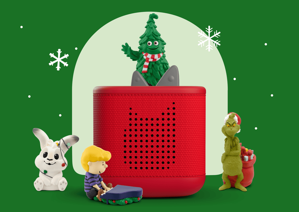 holiday tonies on a red toniebox 2 with snowflake background