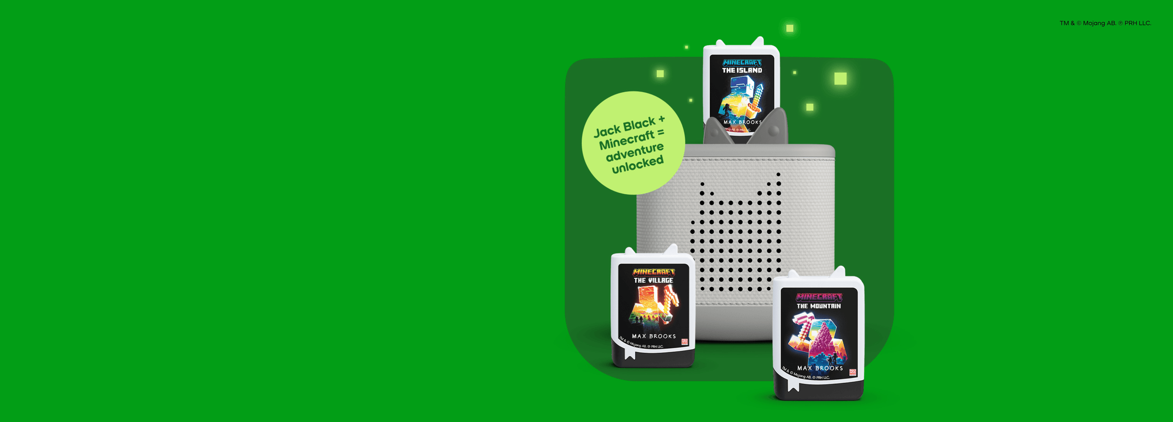 Minecraft audiobooks with a grey Toniebox 2 with text "Jack Black + Minecraft = adventure unlocked"