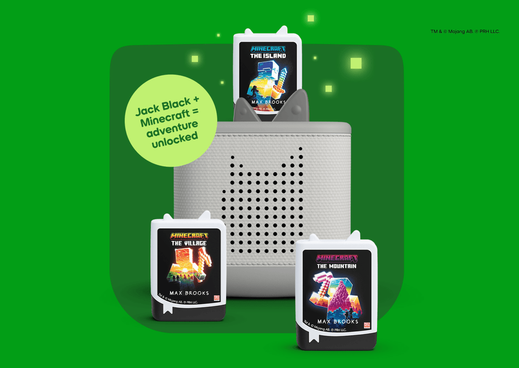 Minecraft audiobooks with a grey Toniebox 2 with text "Jack Black + Minecraft = adventure unlocked"