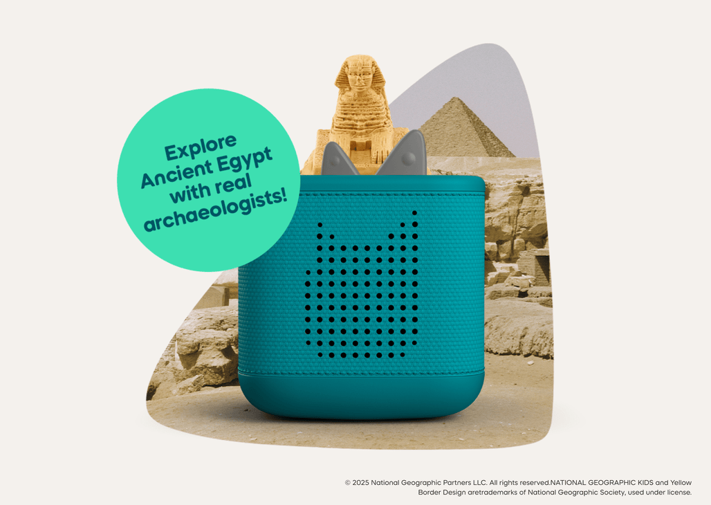 nat geo kids ancient egypt tonie on a teal toniebox 2 with pyramids in the background