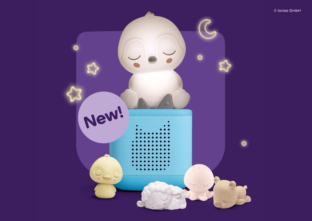 Sleepy Penguin Night Light Tonie on a Blue Toniebox 2 with sleepy friends Tonies around it