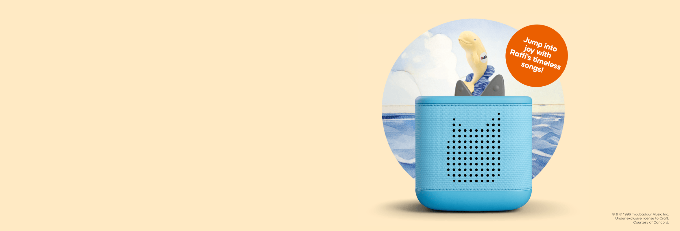 Raffi Tonie on a blue Toniebox 2 with text 'Jump into joy with Raffi's timeless songs'