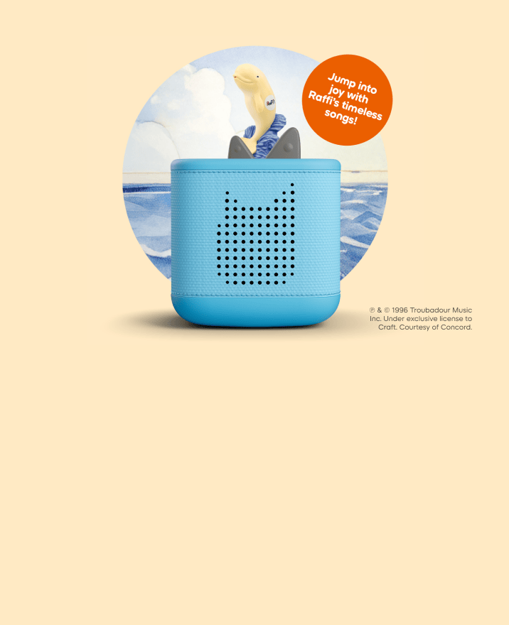 Raffi Tonie on a blue Toniebox 2 with text 'Jump into joy with Raffi's timeless songs'