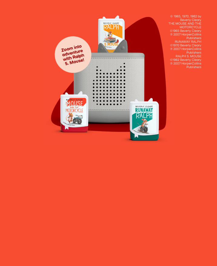 Grey Toniebox 2 with Ralph S. Mouse Collection Book Tonies with text 'Zoom into adventure with Ralph S Mouse'