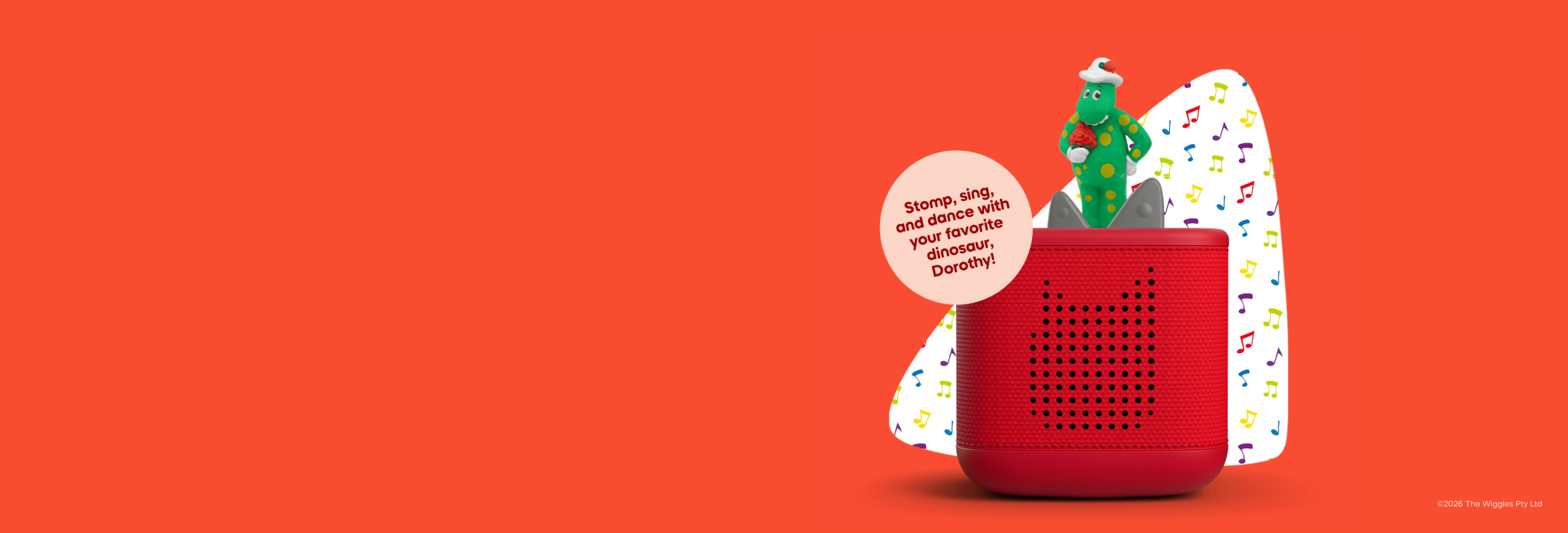 The Wiggles: Dorothy The Dinosaur Tonie on a red Toniebox 2 with text 'Stomp, sing, and dance with your favorite dinosaur Dorothy'