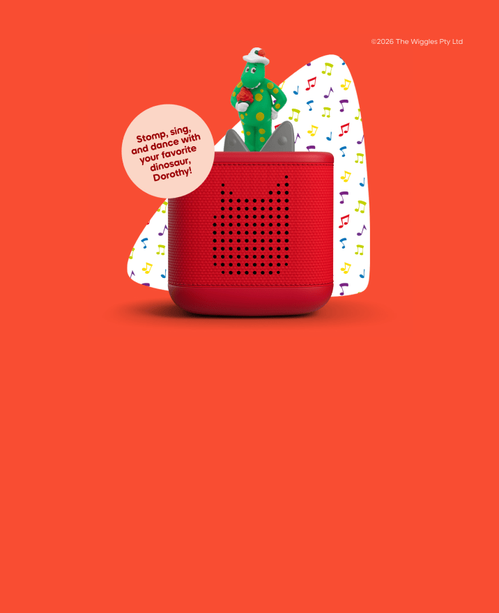 The Wiggles: Dorothy The Dinosaur Tonie on a red Toniebox 2 with text 'Stomp, sing, and dance with your favorite dinosaur Dorothy'