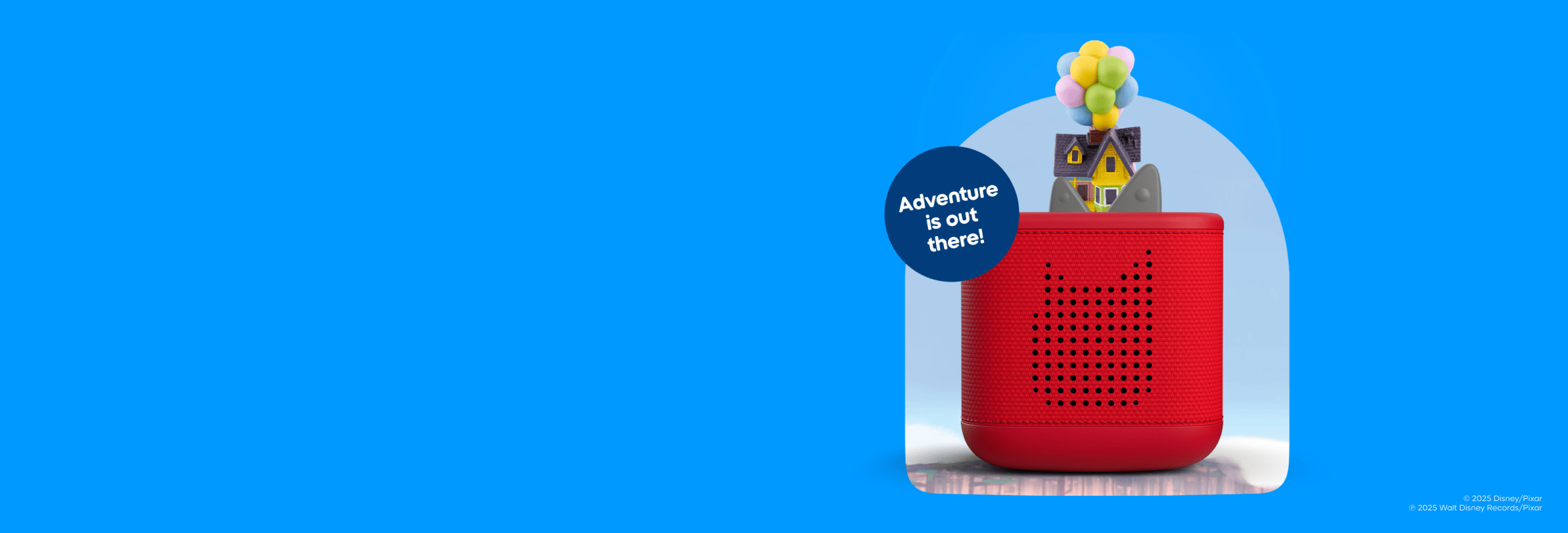 Up Tonie on a red Toniebox 2 with text 'Adventure is out there'