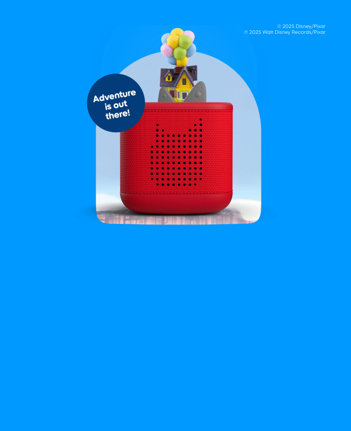 Up Tonie on a red Toniebox 2 with text 'Adventure is out there'