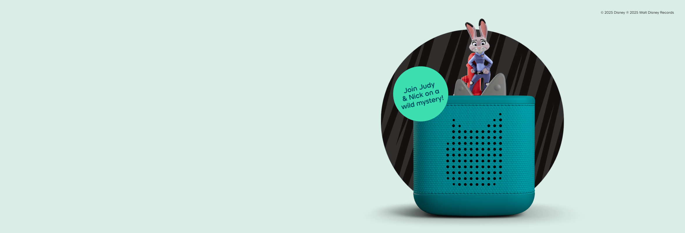 Zootopia Tonie on a teal Toniebox 2 with a text bubble 'Join Judy and Nick on a wild mystery'