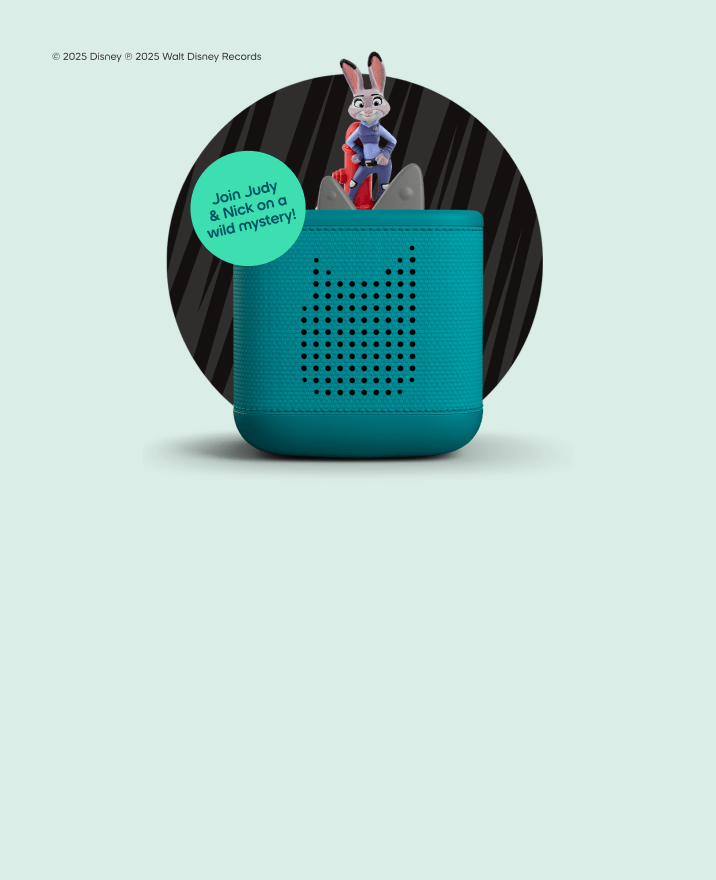 Zootopia Tonie on a teal Toniebox 2 with a text bubble 'Join Judy and Nick on a wild mystery'