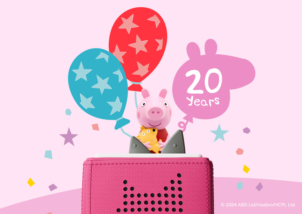 peppa pig tonie on a pink toniebox with birthday doodles