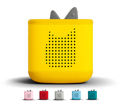A yellow portable Toniebox with five smaller color variants along the bottom