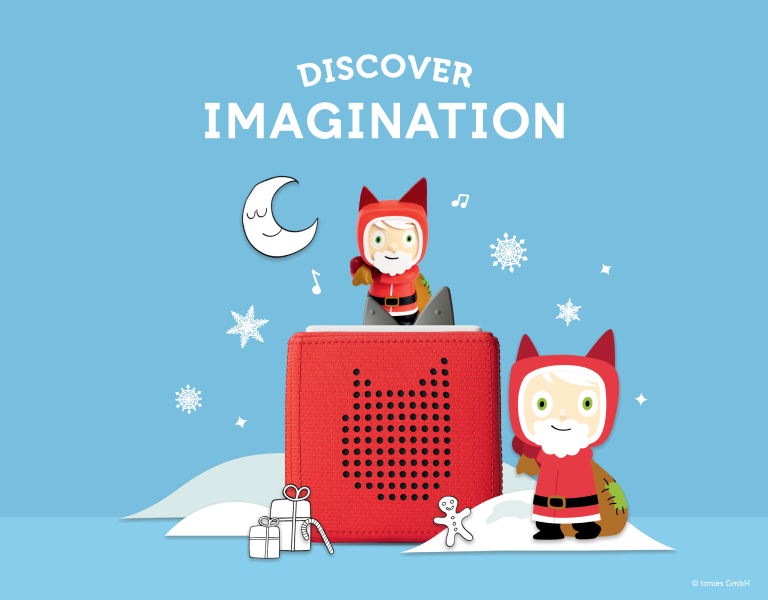 santa creative tonie on a red toniebox with holiday doodles