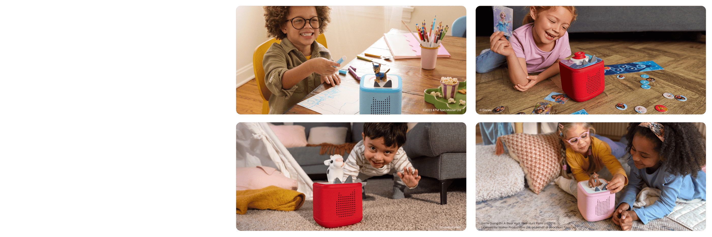children playing in different settings with a Toniebox 2 with Tonies for all ages, Tonieplay games for older kids, and My First Tonies for as young as one year old's.
