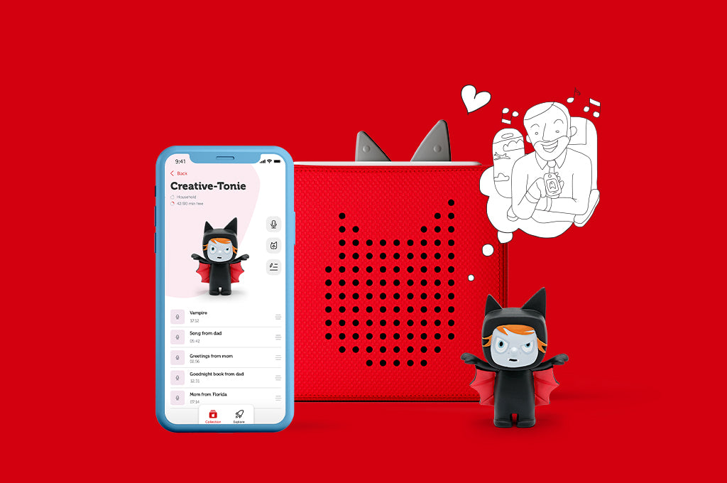 Vampire Creative Tonie and red Toniebox with mytonies app showing screen for recording content