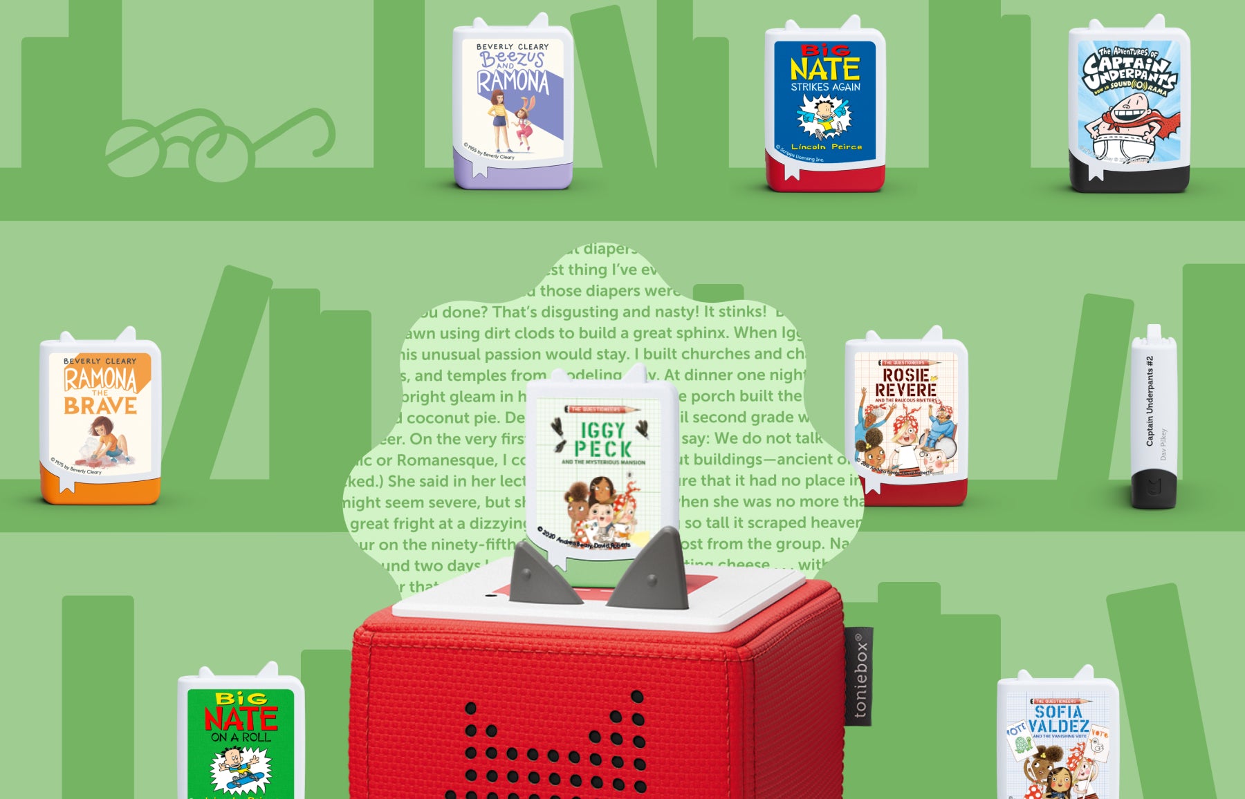 tonies audiobooks on a red toniebox with doodles