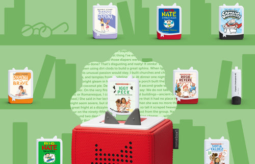 tonies audiobooks on a red toniebox with doodles