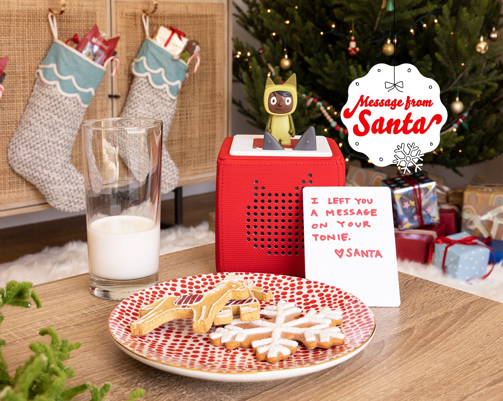 Image of a Creative Tonie and Toniebox with a plate of cookies and a note to Santa.