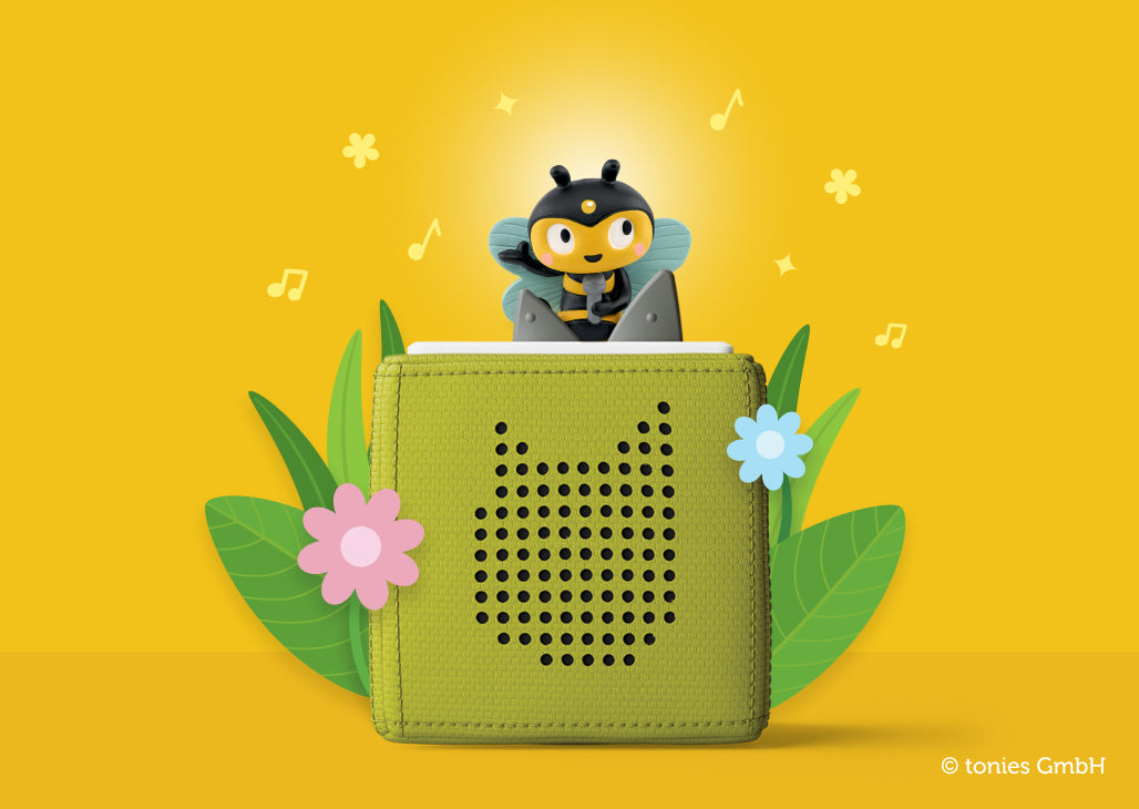 Favorite Childrens Songs: Bugs! Tonie on a green toniebox with flower doodles