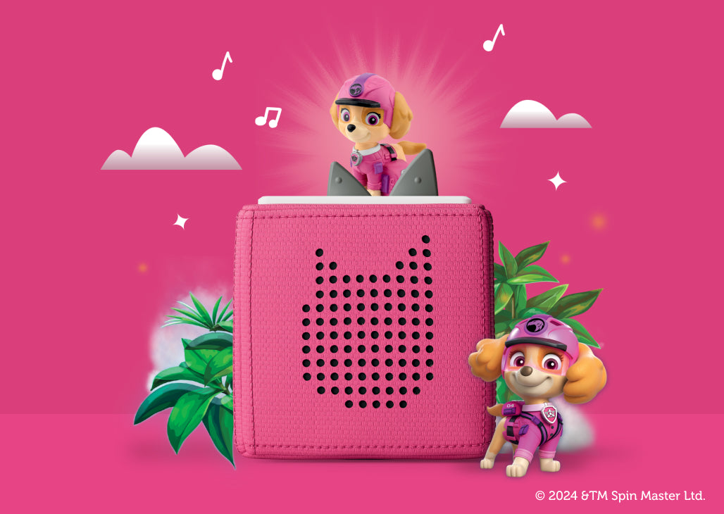 paw patrol jungle pups skye tonie on a pink toniebox with doodles