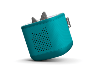 Tilted view of tropical teal Toniebox 2 an audio player for kids, used with Tonie audio figurines and Tonieplay games