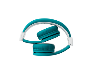teal bluetooth headphones for kids in a folded position