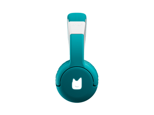 Side view of the teal bluetooth headphones for kids with pulsating light illuminated
