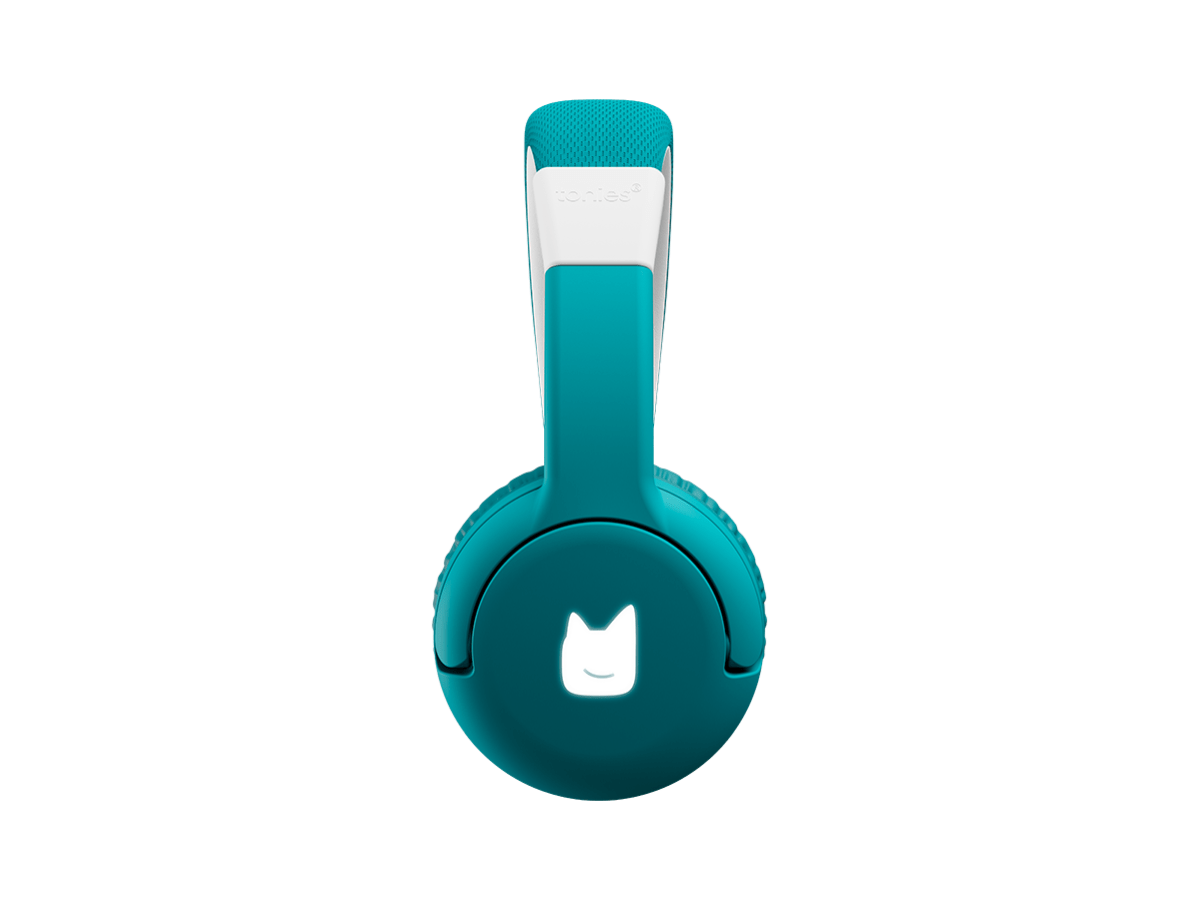 Side view of the teal bluetooth headphones for kids with pulsating light illuminated
