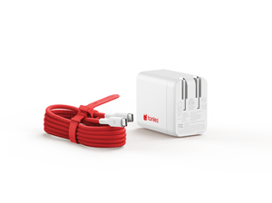 USB-C red chord Toniebox 2 charger with white converter block showing prong side