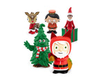 Set of Christmas-themed figurines including a Santa Claus, a tree, and other characters on a white background.