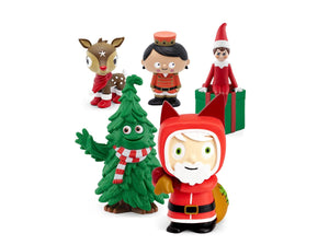 Set of Christmas-themed figurines including a Santa Claus, a tree, and other characters on a white background.