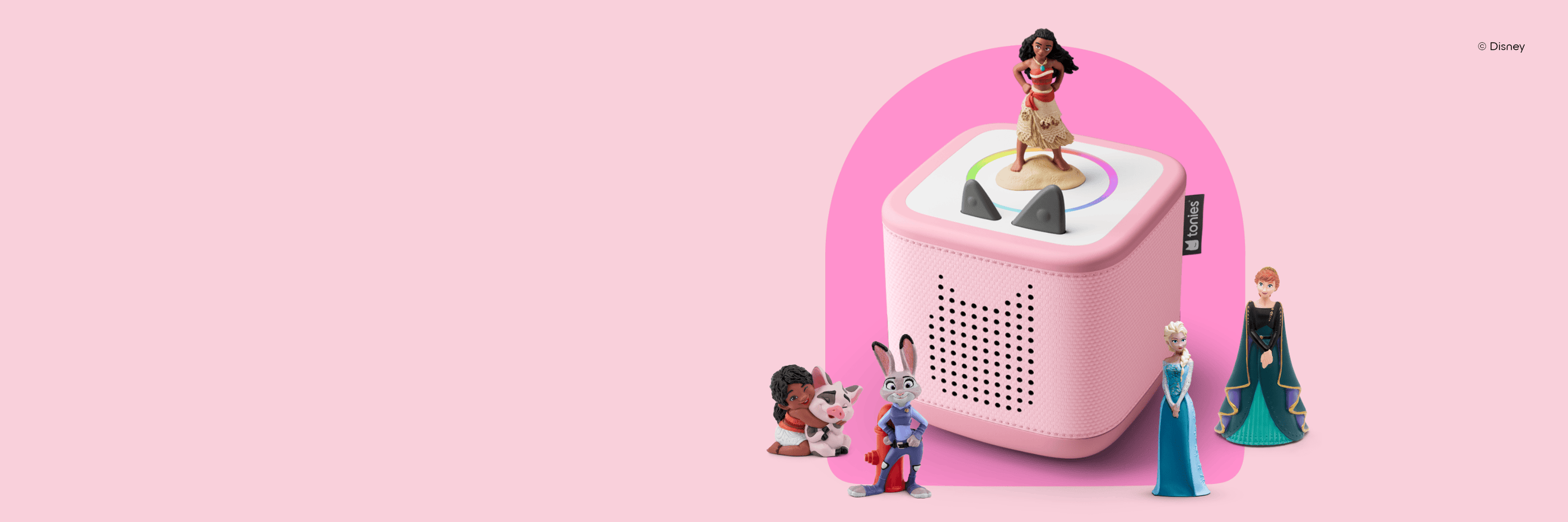 Moana Tonie on Pink Toniebox 2 with various Disney Tonies next to it