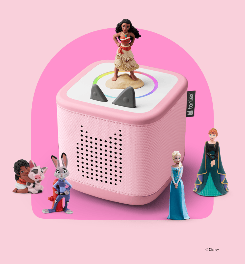 Moana Tonie on Pink Toniebox 2 with various Disney Tonies next to it