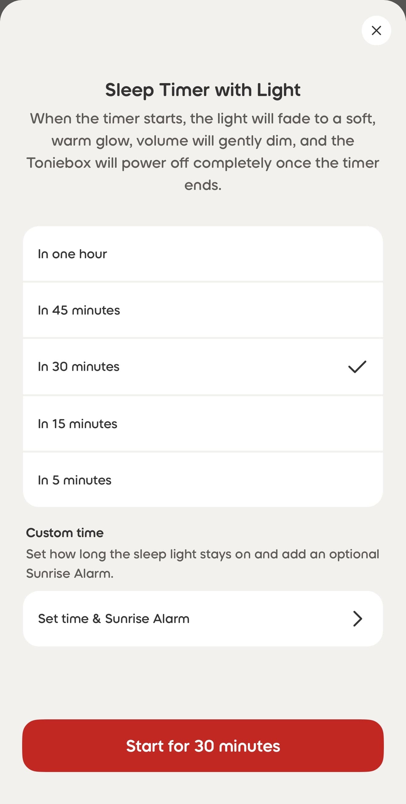 Sleep timer settings with light duration options in the tonies app