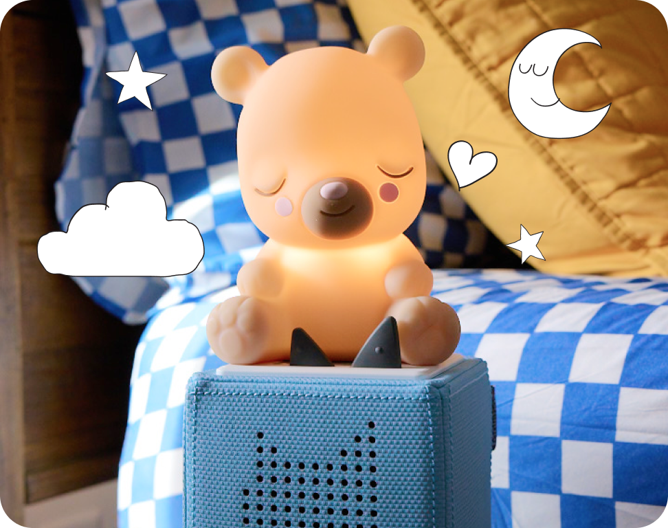 Sleepy Bear Night Light Tonie on a blue toniebox with doodles