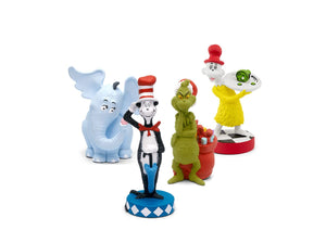 Set of Dr Seuss Tonies including a cat in the hat, elephant, and others on a white background