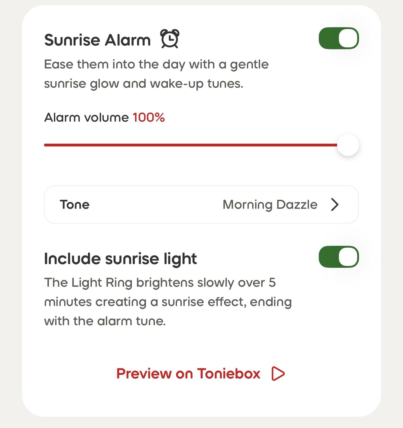 Sunrise alarm settings in the tonies app with options for volume, tone, and sunrise light effect