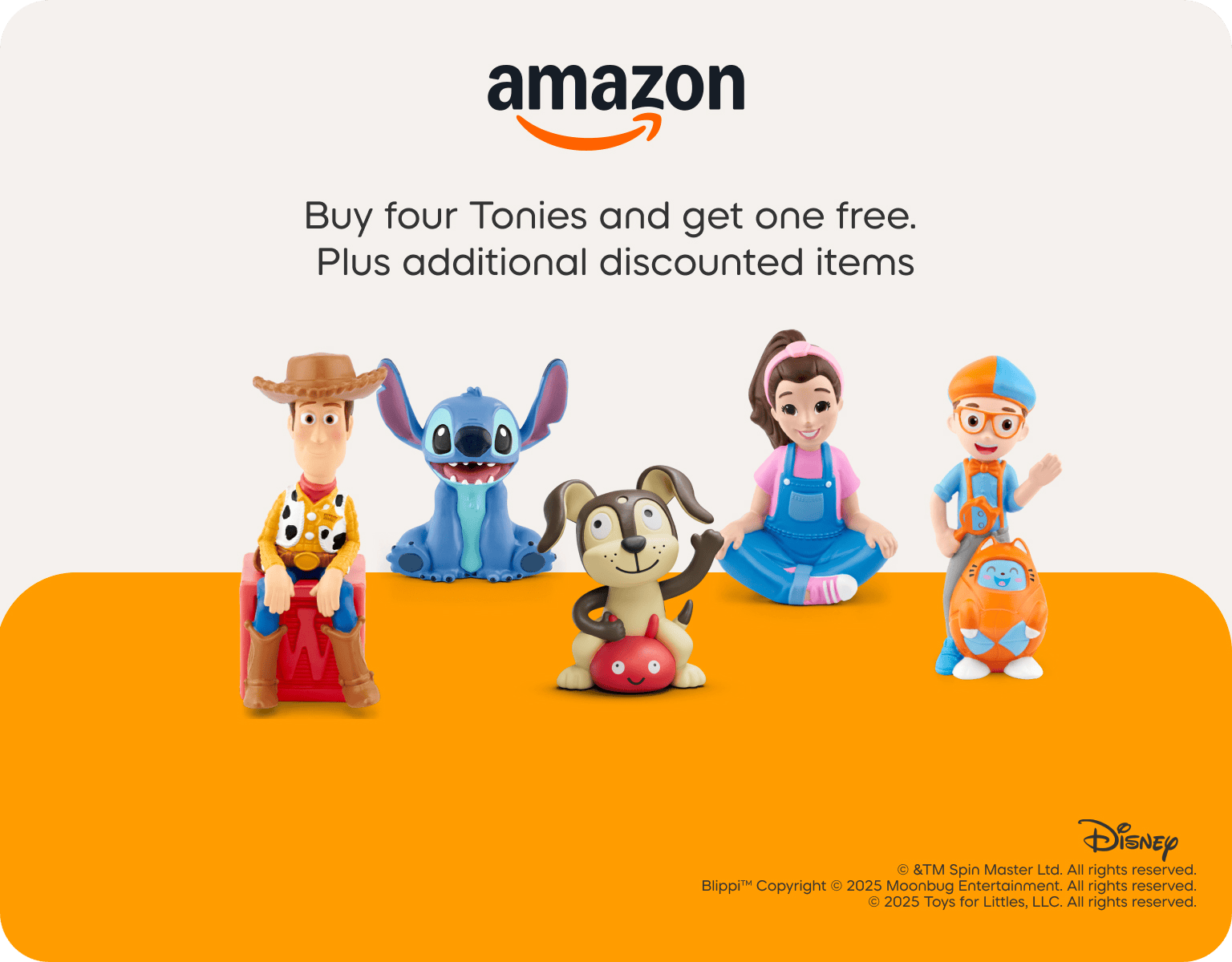 Amazon logo with a collection of Tonies