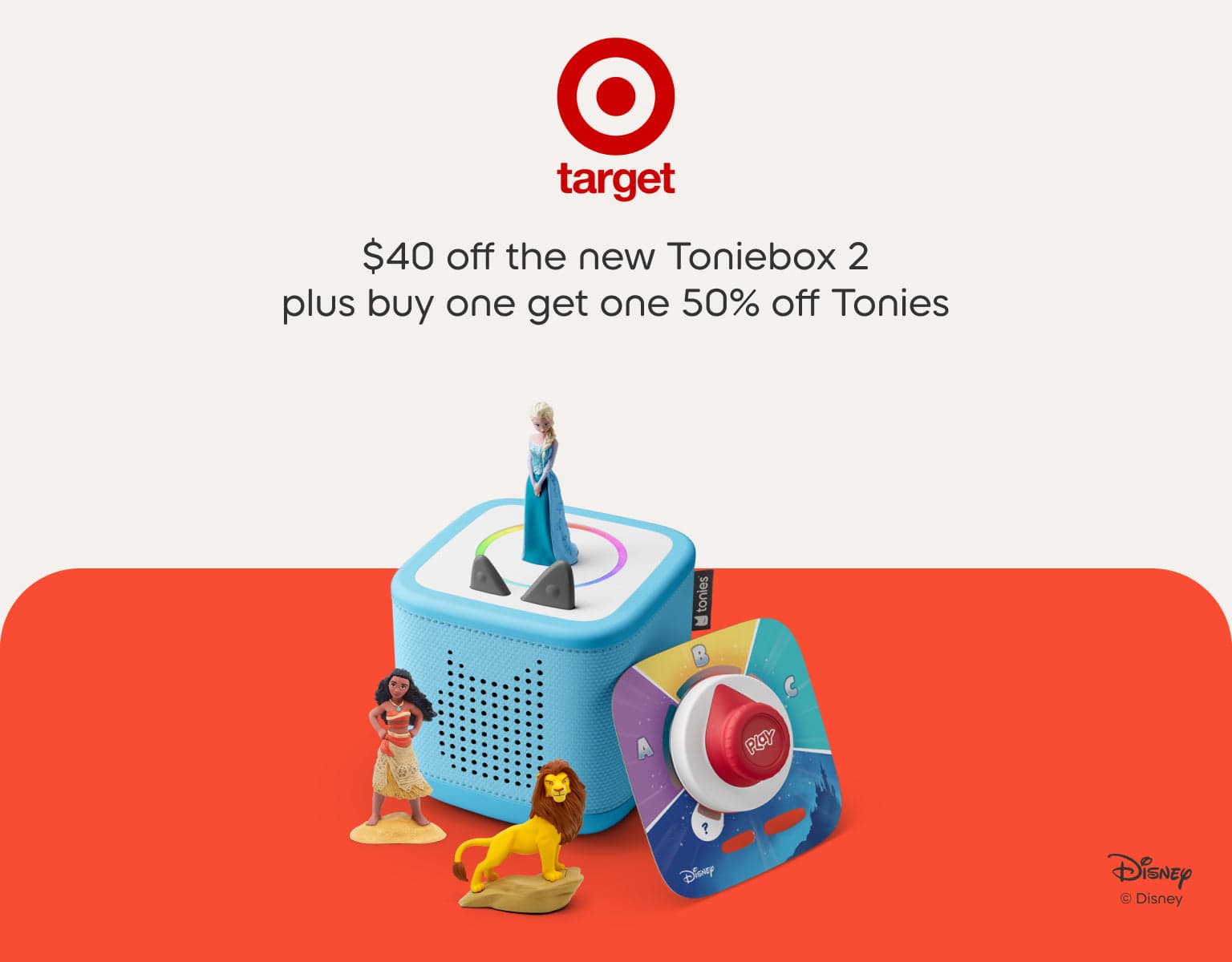 target logo with a blue Toniebox 2, Tonies, and Tonieplay game