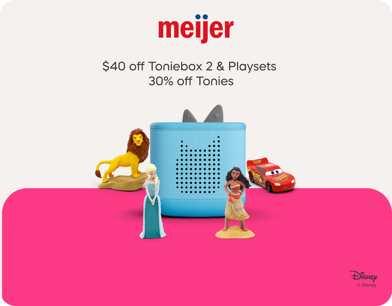 meijer logo with a blue Toniebox 2 and Tonies