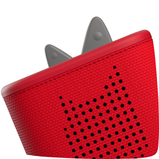 tilted front view of a red toniebox 2