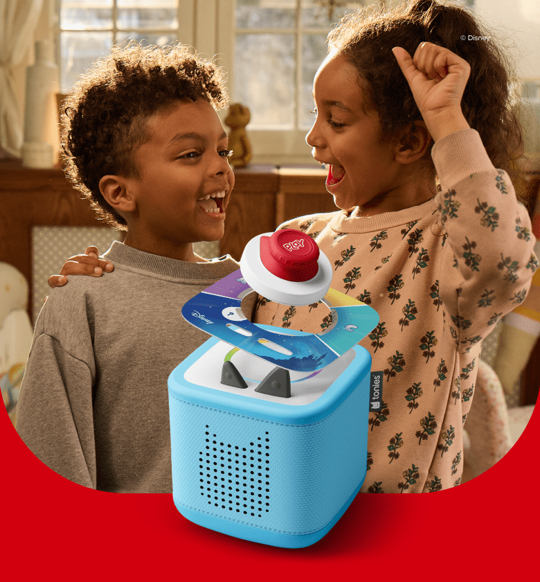 two children getting excited to play the Disney Tonieplay Game on the sky blue Toniebox 2