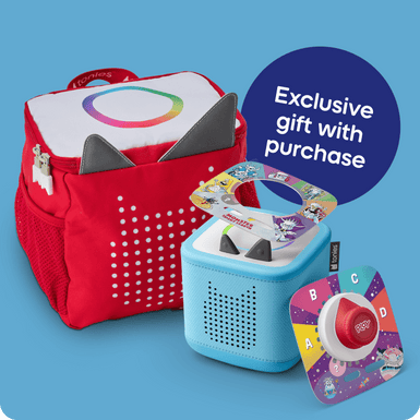 Exclusive gift with purchase blue Toniebox 2 and Tonieplay games with red Toniebox 2 backpack