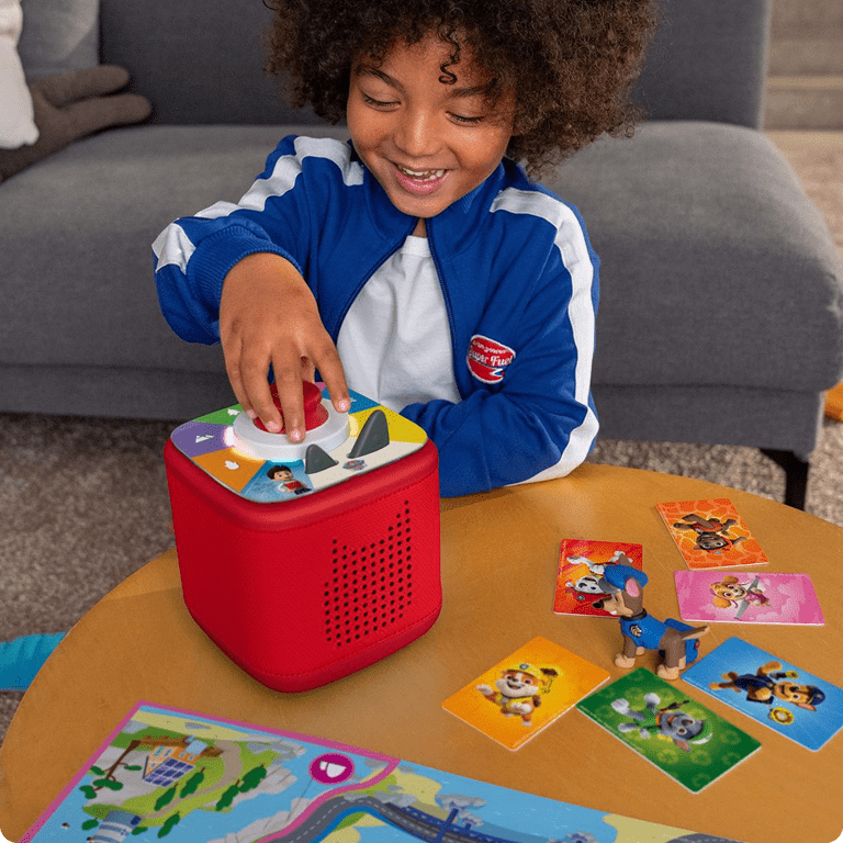 child playing PAW Patrol Tonieplay game with Tonieplay Controller on a red Toniebox 2