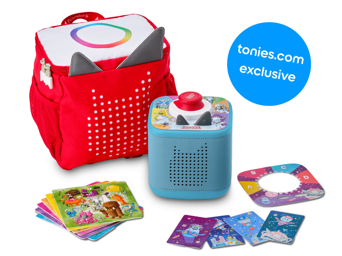 tonies originals bundle with Toniebox 2, tonieplay controller, tonies original tonieplay game, USC-C charging cable and exclusive red toniebox 2 backpack