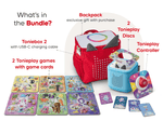 
What’s in the bundle? Toniebox 2, tonieplay controller, tonies original tonieplay game, USC-C charging cable and exclusive red toniebox 2 backpack
